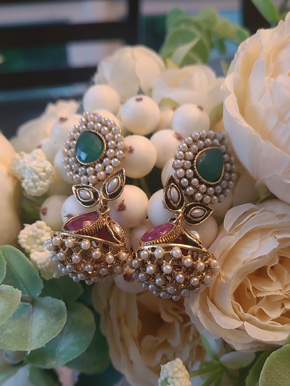 Gold Plated Kundan Jhumka Earrings for Women, Pearl Dangler Traditional Indian